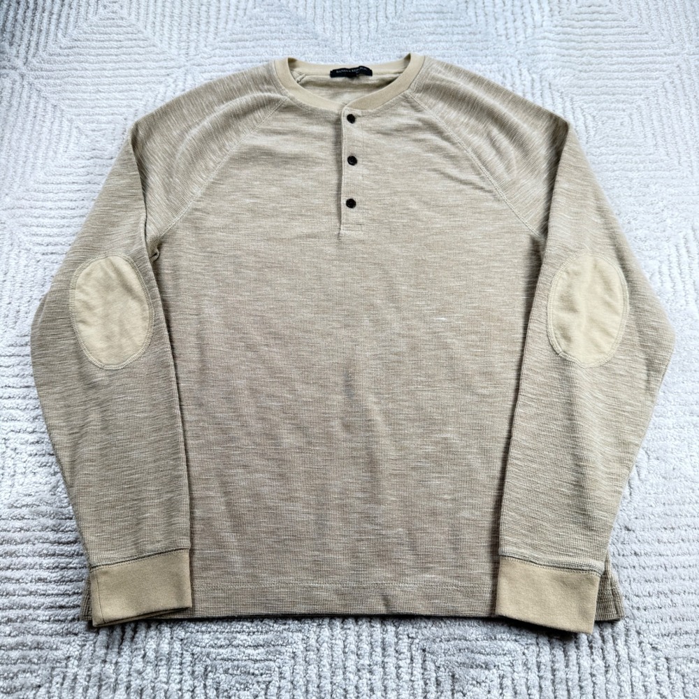 Banana Republic Henley Mens Large Tan Core Temp Elbow Patch Shirt Quiet Luxury